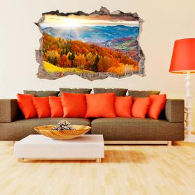 Vinilos 3D Agujero Pared Árboles En Las Montañas