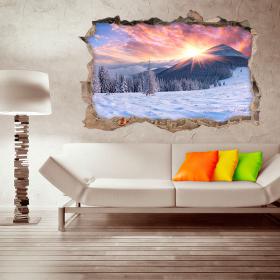 Vinilo 3D Puesta De Sol Montañas Nevadas