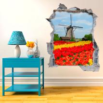Vinilo 3D Molino Y Tulipanes