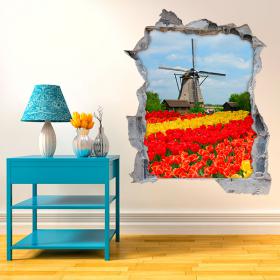 Vinilo 3D Molino Y Tulipanes
