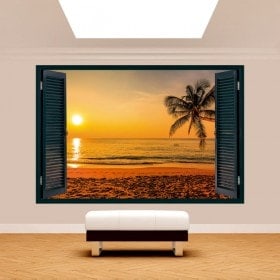 Ventanas 3D Palmera Atardecer Playa