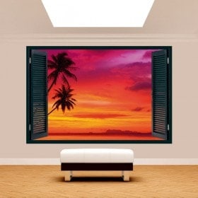 Ventanas 3D Palmeras Atardecer Playa