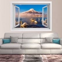 Ventanas 3D Cisnes Lago Kawaguchi Monte Fuji