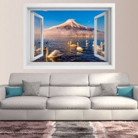 Ventanas 3D Cisnes Lago Kawaguchi Monte Fuji
