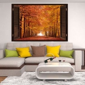 Ventana 3D Camino Y Árboles Otoño