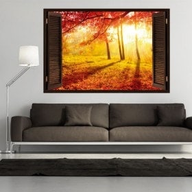 Ventana 3D Árboles Hojas Rojas Otoño