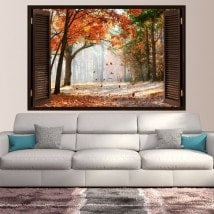 Ventana 3D Árboles Carretera Otoño
