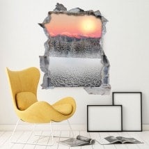 Vinilos 3D Montañas Nevadas Sol Atardecer