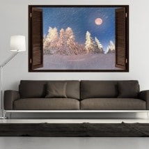 Ventanas 3D Luna Invierno Montañas Nevadas