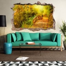 Vinilo 3D Puente Árboles Otoño