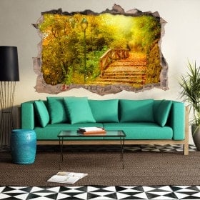 Vinilo 3D Puente Árboles Otoño