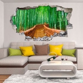 Vinilo 3D Pared Rota Camino Y Bambúes