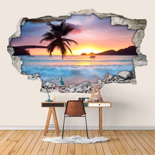 Vinilo 3D para pared vistas atardecer en el mar - TenVinilo