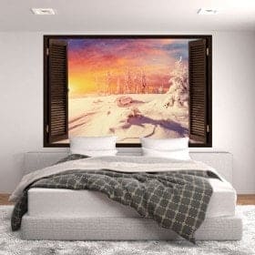 Ventanas En Vinilos 3D Atardecer Monta&ntilde;as Nevadas