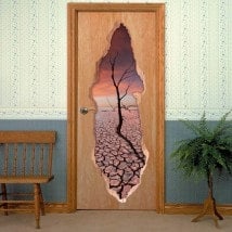 Vinilos De Puertas Atardecer Y Árbol Seco 3D