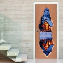 Vinilos De Puertas Cabaña En Invierno 3D