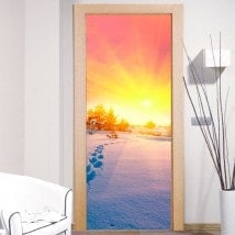 Vinilos Decorativos Puertas Atardecer Montañas Nevadas