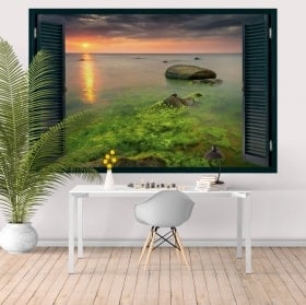 Ventana atardecer California Malibú Rocky Beach 3D