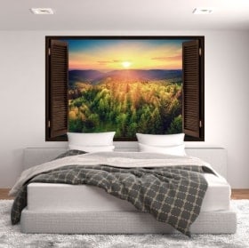 Vinilos de pared ventana atardecer montañas 3D