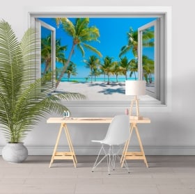 Vinilos adhesivos ventanas palmeras en la playa 3D