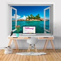 Vinilos paredes ventana isla tropical 3D