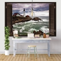 Vinilos ventanas faro en la playa 3D