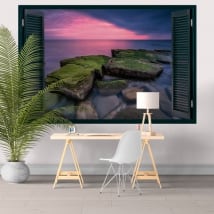 Vinilos decorativos ventana atardecer en el mar negro 3D