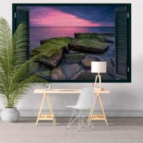 Vinilos decorativos ventana atardecer en el mar negro 3D