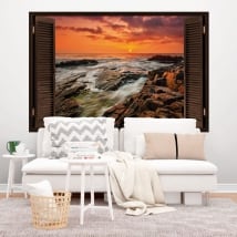Vinilos ventana amanecer en la costa 3D