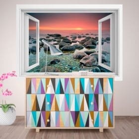 Vinilos decorativos ventana atardecer en el mar 3D