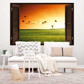 Vinilos decorativos ventana aves al atardecer 3D