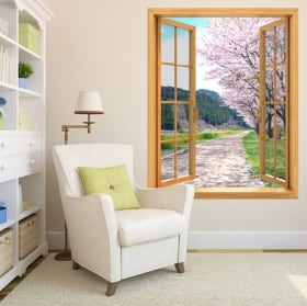 Vinilos decorativos ventanas árbol cerezo Japón 3D