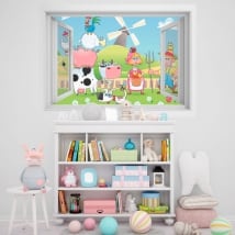 Vinilos infantiles ventana granja animales 3D