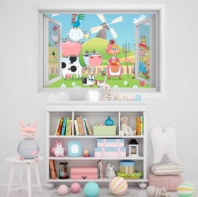 Vinilos infantiles ventana granja animales 3D