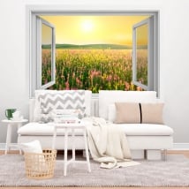 Vinilos ventana atardecer flores campo 3D