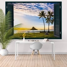 Vinilos decorativos atardecer en Hawái ventana 3D