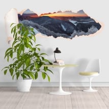 Vinilos atardecer montañas nevadas papel rasgado 3D