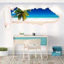 Vinilos palmera en la playa papel rasgado 3D
