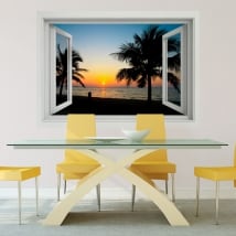 Vinilos decorativos puesta de sol en la playa ventana 3d
