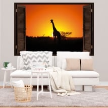 Vinilos decorativos jirafa al atardecer ventana 3d
