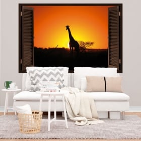 Vinilos decorativos jirafa al atardecer ventana 3d