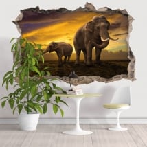 Vinilos agujero pared elefantes 3d