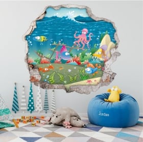 Vinilos infantiles peces agujero pared 3d