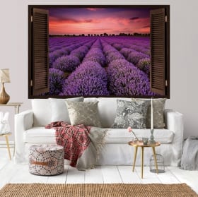 Vinilos ventana atardecer en el campo de lavanda 3d