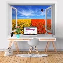 Vinilos paredes ventana globo y campo de flores 3d