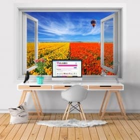 Vinilos paredes ventana globo y campo de flores 3d