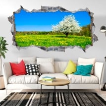 Vinilos agujero pared panorámica árbol flor de cerezo 3d