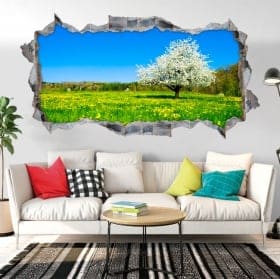 Vinilos agujero pared panor&aacute;mica &aacute;rbol flor de cerezo 3d