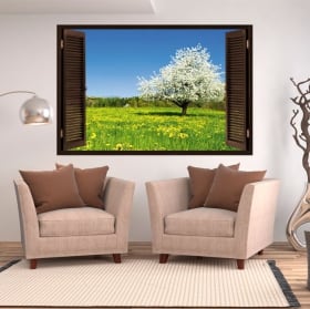 Vinilos ventana árbol flor de cerezo 3d