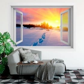 Vinilos ventana atardecer invierno en las monta&ntilde;as 3d